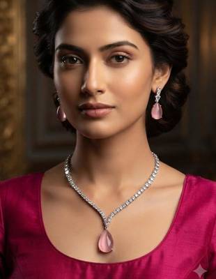 Pink rhodium-plated agate stone necklace set with earrings 1