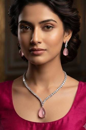Pink rhodium-plated agate stone necklace set with earrings