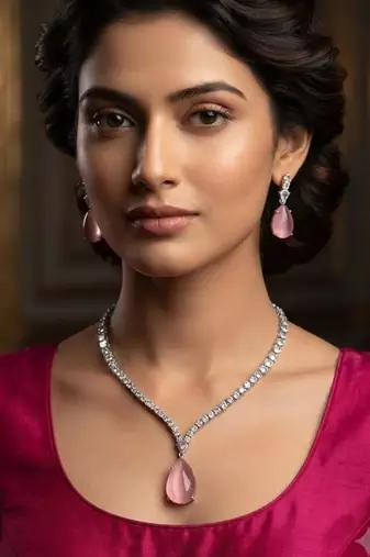 Pink rhodium-plated agate stone necklace set with earrings