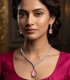 Pink rhodium-plated agate stone necklace set with earrings