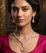 Pink rhodium-plated agate stone necklace set with earrings