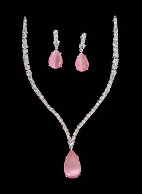 Pink rhodium-plated agate stone necklace set with earrings 2
