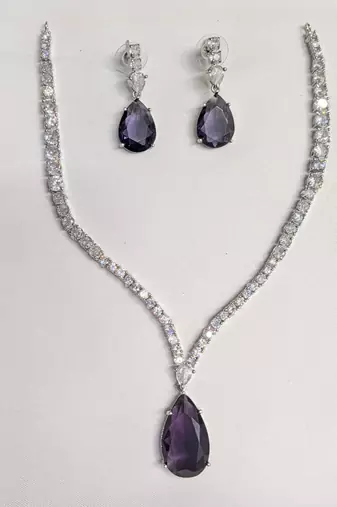Purple rhodium-plated agate stone necklace set with earrings