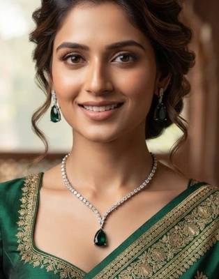 Green rhodium-plated agate stone necklace set with earrings 1