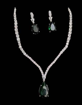 Green rhodium-plated agate stone necklace set with earrings 2