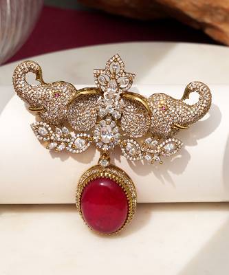 Gold plated red stone elephant head brooch 2