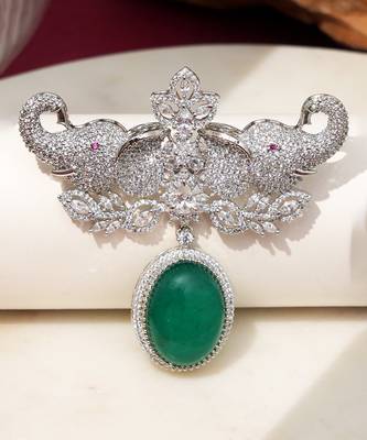 Rhodium plated green stone elephant head brooch 1