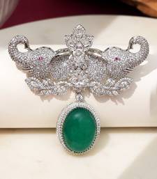 Rhodium plated green stone elephant head brooch