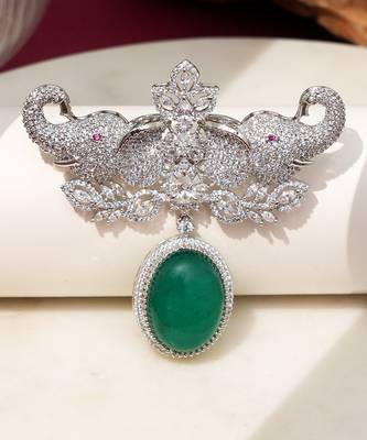 Rhodium plated green stone elephant head brooch 2