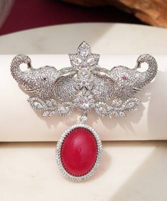 Rhodium plated ruby red stone elephant head brooch 1