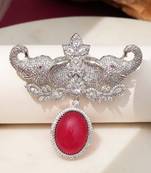 Rhodium plated ruby red stone elephant head brooch