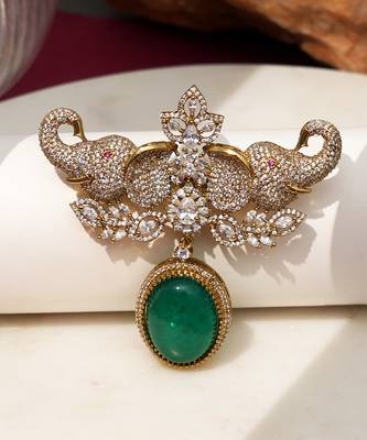 Gold plated emerald green stone elephant head brooch 2