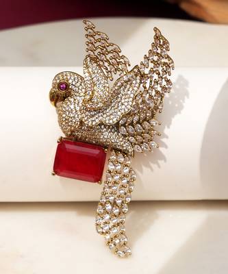 Gold plated ruby red stone bird motif brooch 1