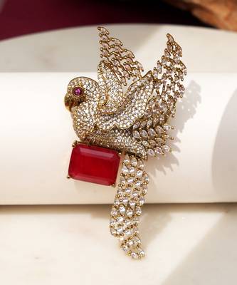 Gold plated ruby red stone bird motif brooch 2