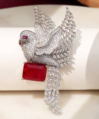 Rhodium plated ruby red stone bird motif brooch 1