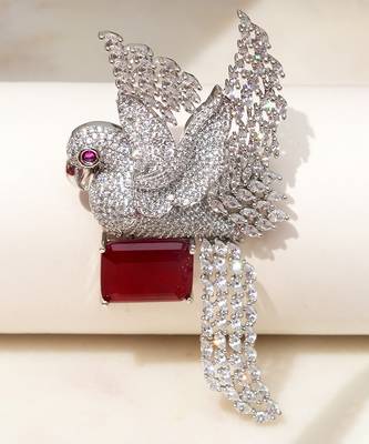 Rhodium plated ruby red stone bird motif brooch 2