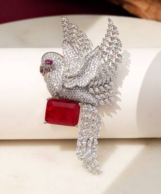 Rhodium plated ruby red stone bird motif brooch 3