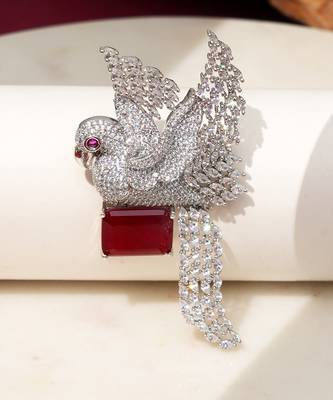 Rhodium plated ruby red stone bird motif brooch 4