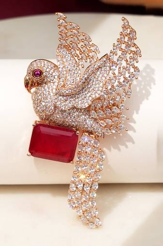 Gold plated red stone bird motif brooch