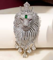 Silver plated green stone lion head brooch