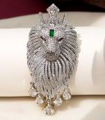 Silver plated green stone lion head brooch