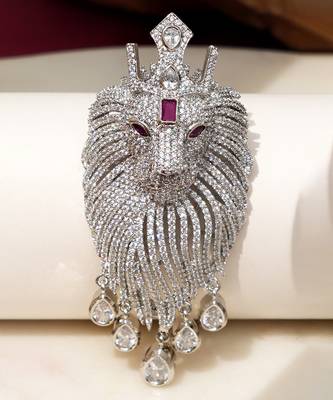 Silver plated purple stone lion head brooch 1