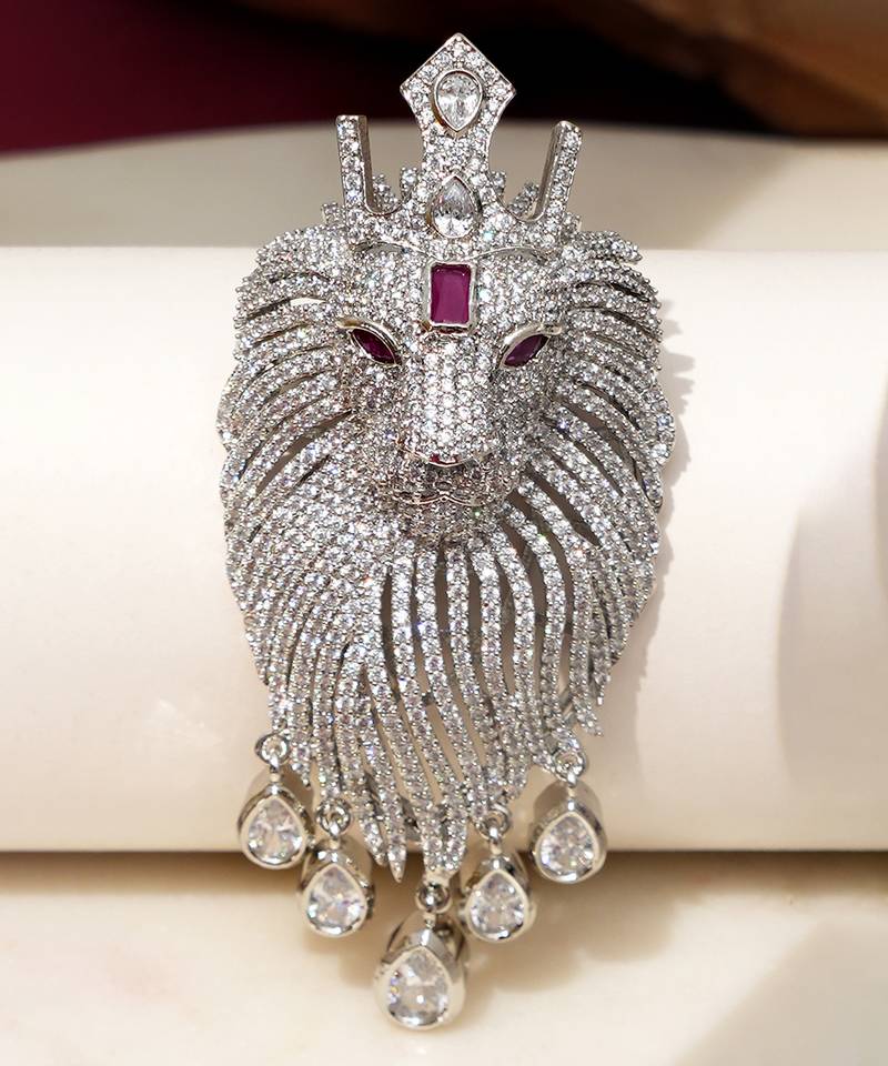 Silver plated purple stone lion head brooch