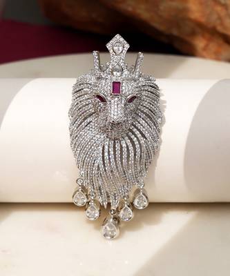 Silver plated purple stone lion head brooch 2