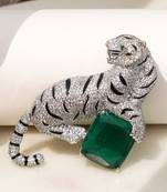Silver plated green stone crouching tiger brooch