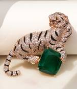 Gold plated emerald green stone crouching tiger brooch