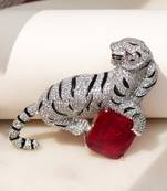Silver plated red stone crouching tiger brooch