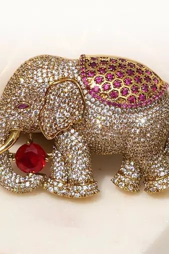 Gold plated red stone royal elephant brooch