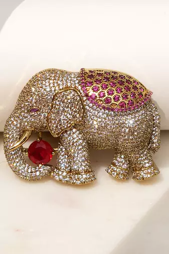 Gold plated red stone royal elephant brooch