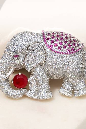 Silver plated red stone royal elephant brooch