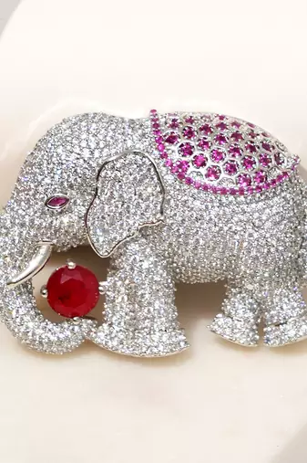 Silver plated red stone royal elephant brooch