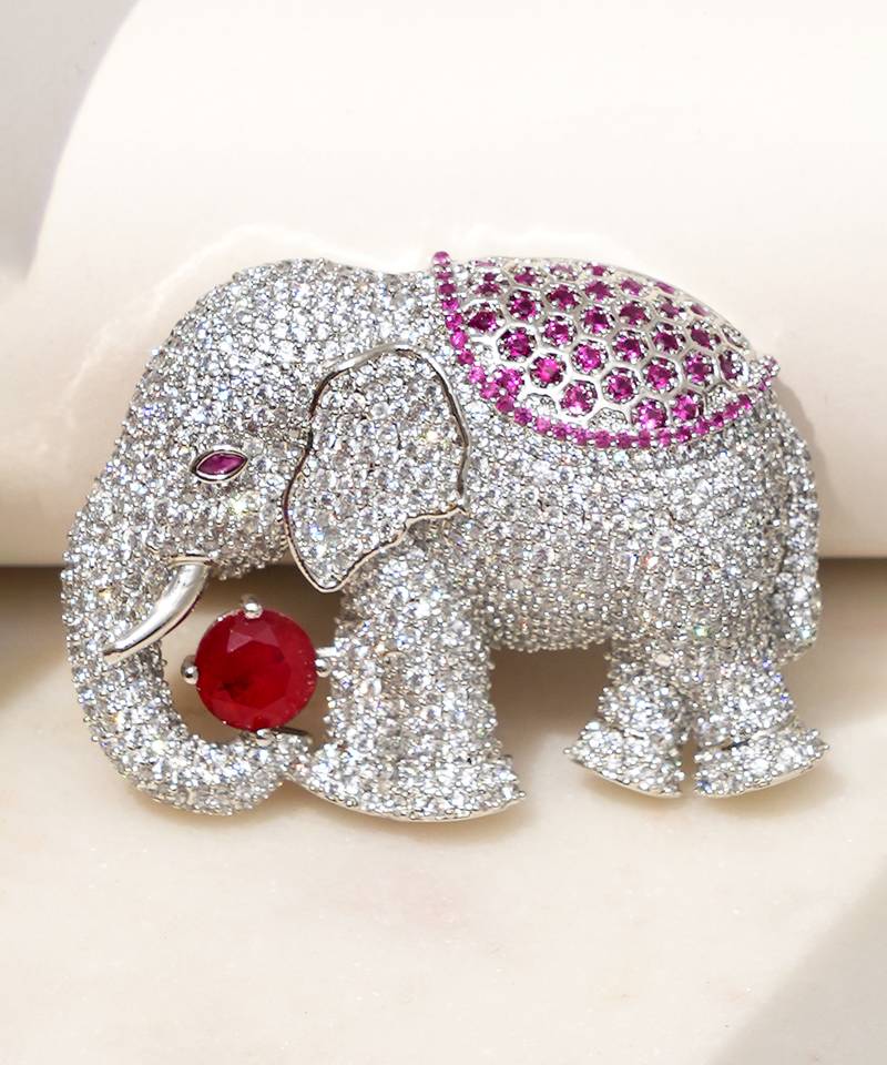 Silver plated red stone royal elephant brooch