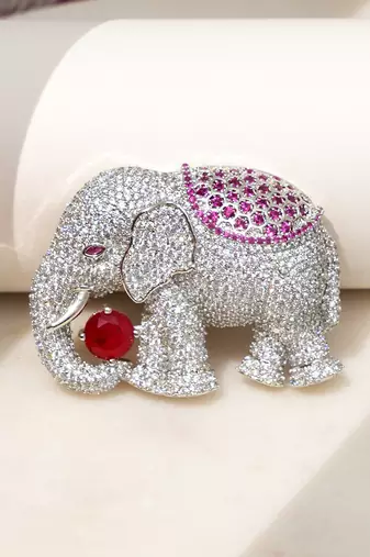 Silver plated red stone royal elephant brooch