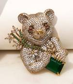 Gold plated emerald green stone bear motif brooch