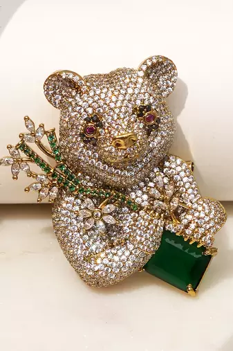 Gold plated emerald green stone bear motif brooch