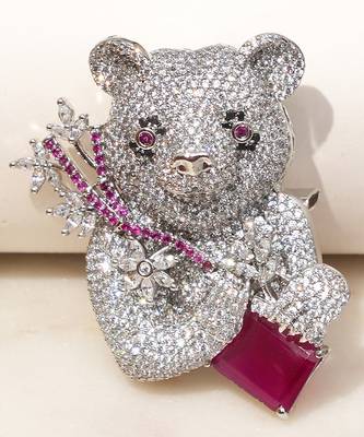 Silver plated purple stone bear motif brooch 1