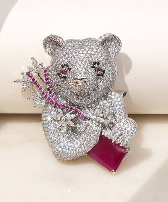 Silver plated purple stone bear motif brooch 2
