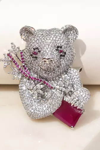 Silver plated purple stone bear motif brooch