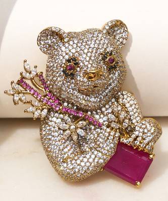Gold plated purple stone bear motif brooch 1