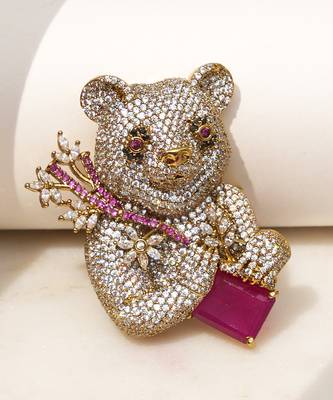 Gold plated purple stone bear motif brooch 2