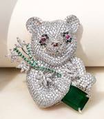 Silver plated emerald green stone bear motif brooch