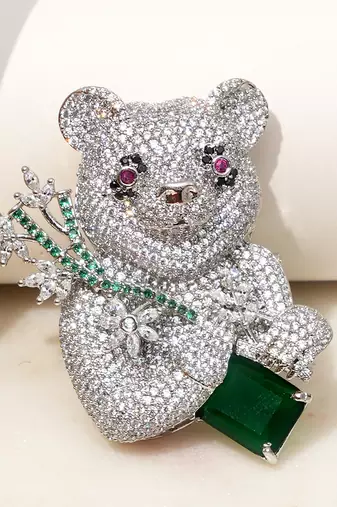 Silver plated emerald green stone bear motif brooch