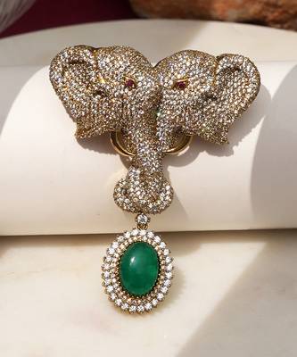 Gold plated green stone twin elephant brooch 2