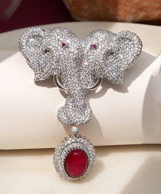 Silver plated ruby red stone twin elephant brooch 1