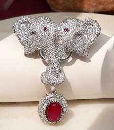 Silver plated ruby red stone twin elephant brooch