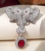 Silver plated ruby red stone twin elephant brooch